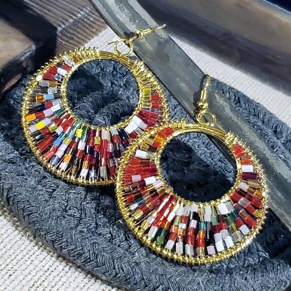 Beaded Red Multi Tiny Glass Beads Gogo Gold Tone Hoop Earrings - Picture 2 of 8